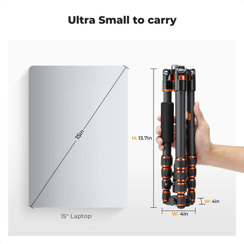 Person holding 60 Inch Carbon Fiber Tripod For Cameras Ultralight Travel Buddy next to laptop for size comparison