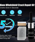 Windshield Repair Kit For Chips And Cracks, Fast 20 Minute Fix With Nano Fluid Filler next to a car, image includes resin bottle and repair films.