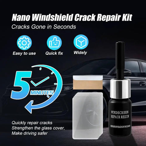 Windshield Repair Kit For Chips And Cracks, Fast 20 Minute Fix With Nano Fluid Filler next to a car, image includes resin bottle and repair films.
