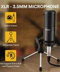 XLR to 3.5mm condenser microphone on tripod, part of All In One Podcast Studio Bundle With Mixer And USB Audio Interface Plus Condenser Microphone For Live Streaming And Recording On PC Or Smartphone Plug And Play Setup For Pro Grade Vibes Crisp Vocals And Studio Quality Sound.