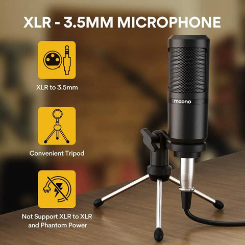 XLR to 3.5mm condenser microphone on tripod, part of All In One Podcast Studio Bundle With Mixer And USB Audio Interface Plus Condenser Microphone For Live Streaming And Recording On PC Or Smartphone Plug And Play Setup For Pro Grade Vibes Crisp Vocals And Studio Quality Sound.