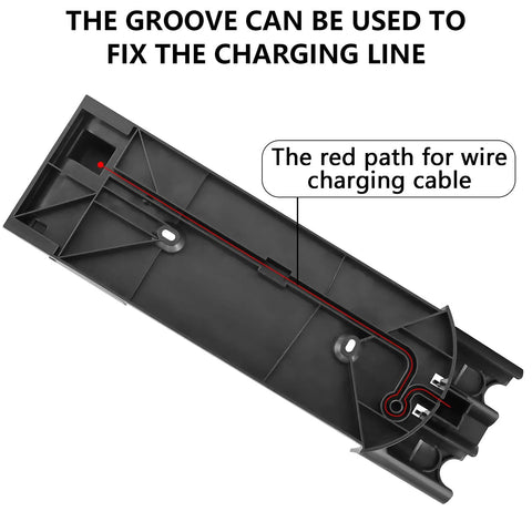 Front view of black plastic docking wall mount for Dyson V7/V8 cordless vacuum, showing charging cable channel.