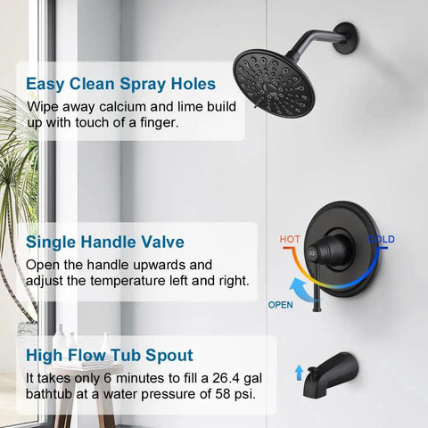 Matte Black Shower Faucet Set with Tub Spout, 6-Spray Touch-Clean Shower Head, Single-Handle Bath System, Valve Included