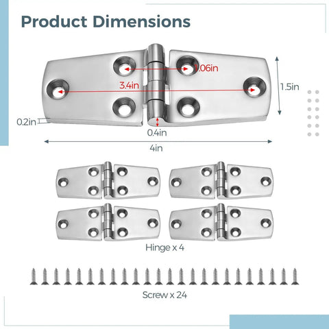 Beefy Marine Grade 316 Stainless Steel Boat Hatch Hinges 4 x 1.5 Inches With Screws, Heavy Duty Cabinet Door Hinges dimensions