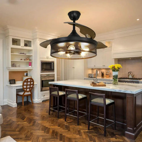 42 Inch Caged Ceiling Fan With Remote Control And Lights Dope Farmhouse Flush Mount Low Profile Ceiling Fan in kitchen