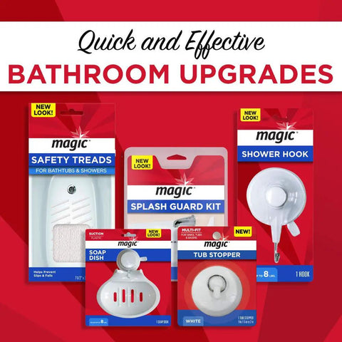 Various Magic brand bathroom upgrade products including safety treads, shower hook, splash guard kit, soap dish, and tub stopper