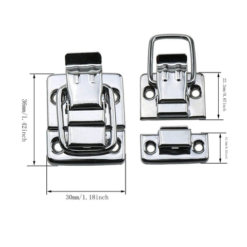 Toggle Latches Set 4 Pack Retro Silver Metal Iron Hasp Locks For Chest Box Suitcase Trunk Buckles with dimensions shown.