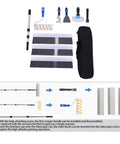Professional Self Leveling Cement Tool Kit Featuring Four And Six Point Five Inch Notched Trowels Nine Inch Paint Roller Extension Pole Handle Plus Heavy Duty Scrapers For Dead Flat No Hassle Floors, complete tool set.