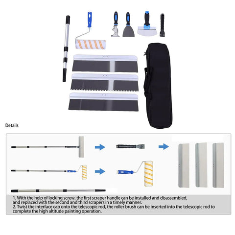 Professional Self Leveling Cement Tool Kit Featuring Four And Six Point Five Inch Notched Trowels Nine Inch Paint Roller Extension Pole Handle Plus Heavy Duty Scrapers For Dead Flat No Hassle Floors, complete tool set.