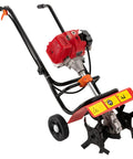52cc Gas Powered Tiller Cultivator for Backyard Garden and Lawn, showing red engine and durable iron and plastic build, side view