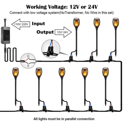 Low Voltage Tiki Torch Lights With Flickering Flame Effect 12V Outdoor Pathway And Landscape Lighting Waterproof Yard Decor Safe Smoke Free Real Flame Alternative Durable Weatherproof For Patio Garden Backyard Christmas Plug And Play Connector 8 Pack showing wiring setup and connection