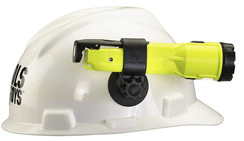 Dualie 275 Lumen Multi Function Intrinsically Safe Rechargeable Flashlight With Magnetic Clip attached to hard hat