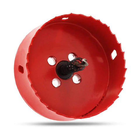 Front view of 83mm Bi Metal Hole Saw Kit With Twist Drill Bit And L Hex Wrench for cornhole boards, wood, plasterboard, plywood, plastic.