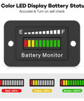 Front view of a black BM210 battery monitor with a 3-color LED display showing red, yellow, and green indicators.