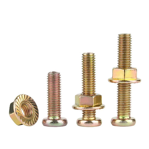 Bulk Stainless Steel Hex Socket Screws And Flange Nuts Kit M6x40 Allen Bolts Set 50 Count Zinc Plated Flat And Round Head Drive Fasteners For Indoor Outdoor Use High Torque Durable Hardware, close-up of bolts and flange nuts