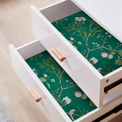 Green Floral Peel And Stick Wallpaper With Vintage Bird Pattern Removable Self Adhesive Wall Covering Waterproof And Oil Resistant Vinyl Thick Texture For Easy Home Decor And Furniture Makeover 58 Sq Ft in drawer.