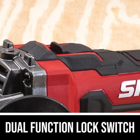 Cordless 20V Go To Four And A Half Inch Angle Grinder with PWRCore 20 Battery dual function lock switch detail image.