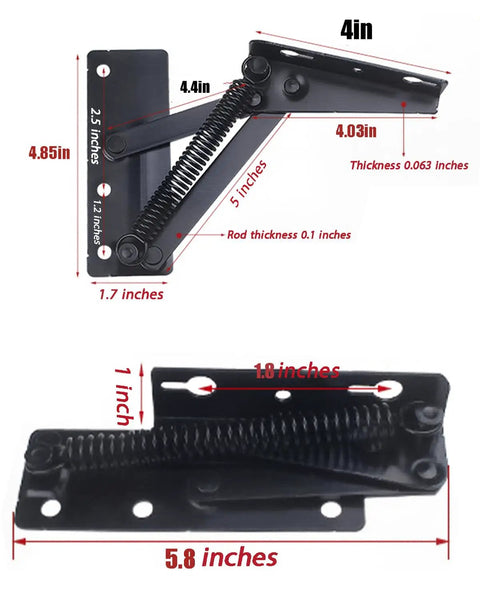 Top Shelf Soft Close Hinges For Toy Box 2 Pack Slick Heavy Duty Lid Supports showing measurements and design details.