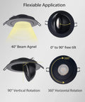 Gimbal LED Recessed Light 4 Inch Black 9W Adjustable Eyeball with 360 Degree Rotation showing flexible tilt and rotation angles