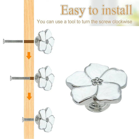 White Flower Petal Cabinet Knob Set Sleek Zinc Alloy Pull Handles With Rhinestone Centers, 4 Pieces, silver finish, installation view