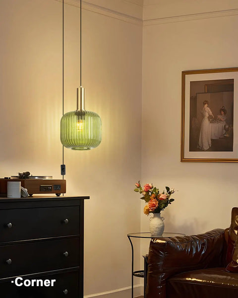 Green Glass Plug In Pendant Light With Retro Chic Mid Century Modern Vibe Brushed Gold Accents 1 Light Lantern Shade Indoor Ceiling Hanging Chandelier For Living Room Bedside Or Over Table