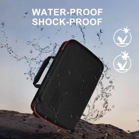 Battery Storage Case With Built In Tester Waterproof Battery Organizer Holds 199 Plus Batteries Including AA AAA C D 9V And Button Cells Garage Organization Solution For Home Batteries Not Included, black case with water droplets showing waterproof feature.