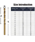 13 Piece M35 Cobalt HSS Drill Bit Set For Metal And Stainless Steel size chart with drill bit illustration