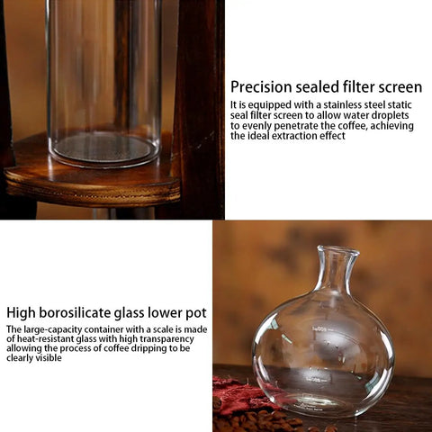 Top Shelf Portable Cold Brew Drip Tower And Iced Coffee Maker With Dual Adjustable High Borosilicate Glass Valves for custom flow and smooth batch sipping.