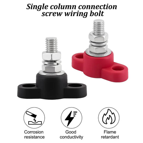 Beefy Heavy Duty Car Battery Junction Posts Block For 12V Systems, Single Stud Power Distribution Block, Insulated Auto Terminals, Rugged Three Eighths Inch Posts For SUV RV Truck, Durable Stainless Steel And Copper Construction, red and black