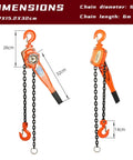 Lever Chain Hoist Come Along For Heavy Lifting Three Quarters Ton Capacity 1650 Lbs 20 Feet Reach Durable G80 Steel Chain with dimensions