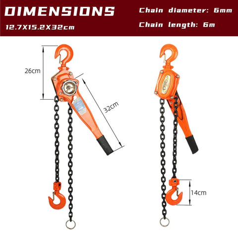 Lever Chain Hoist Come Along For Heavy Lifting Three Quarters Ton Capacity 1650 Lbs 20 Feet Reach Durable G80 Steel Chain with dimensions