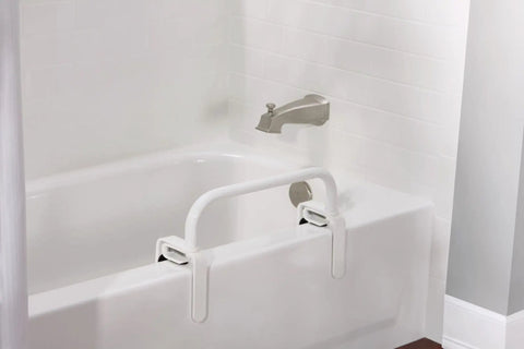 Super Reliable Glacier White Bathtub Safety Grab Bar Rail For Secure Support In Standard Size Tubs With Edges From Four To Six Inches ADA Compliant