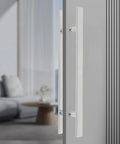 Double Sided 23.43 Inch Stainless Steel Barn Door Handle Bar Pull For Sliding Glass Shower And Entry Doors With A Grippy Ergonomic Back To Back Grip And Simple Push Pull Action For High Traffic Spaces on gray door