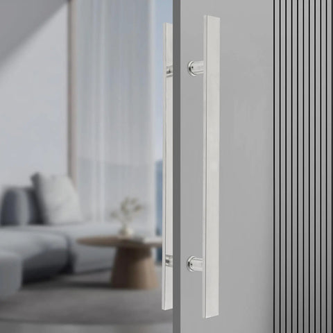 Double Sided 23.43 Inch Stainless Steel Barn Door Handle Bar Pull For Sliding Glass Shower And Entry Doors With A Grippy Ergonomic Back To Back Grip And Simple Push Pull Action For High Traffic Spaces on gray door