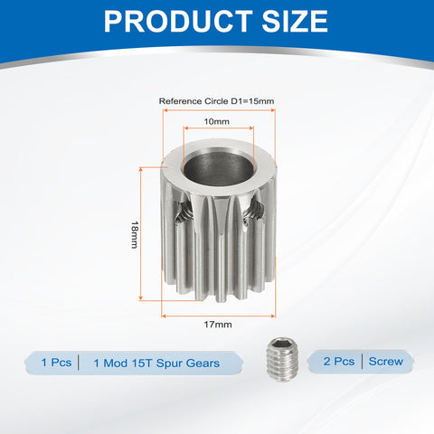 15T Pinion Gear For 10mm Motor Shaft, 304 Stainless Steel, dimensions with screws