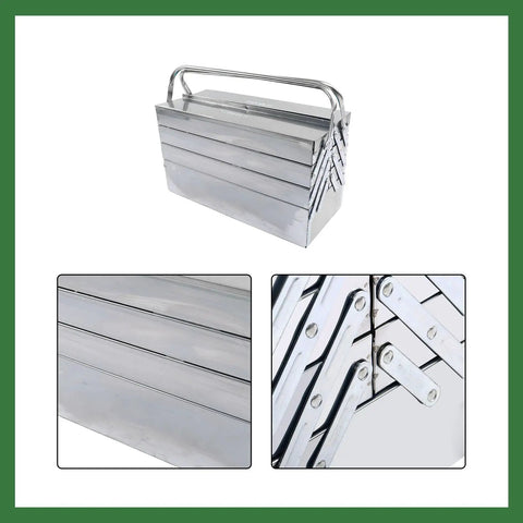 Super Heavy Duty Seven Tray Tool Chest Crafted From Solid Stainless Steel with folding design, size 18.31x7.95x10.31 inches.