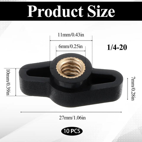 10 Piece Super Grippy Black Wing Knobs With 1/4-20 Threads For T-Track Jigs And Feather Boards dimensions shown, ergonomic thumb screw design.