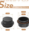 Front and installed views of two black hub dust caps with O‑ring for Dexter Vortex hub kits; left loose, right installed.