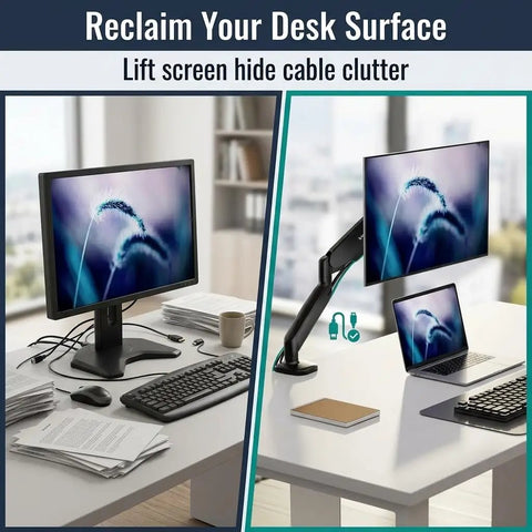 Single Monitor Arm Desk Mount With Super Smooth Tilt And Swivel Fits 13 To 32 Inch Screens Handles Up To 17 Pounds on a desk elevating displays.