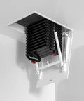 Heavy Duty Electric Attic Ladder With Smooth One Touch Remote Pull Down Telescopic Loft Staircase No Sweat Installation view from ceiling, black frame.