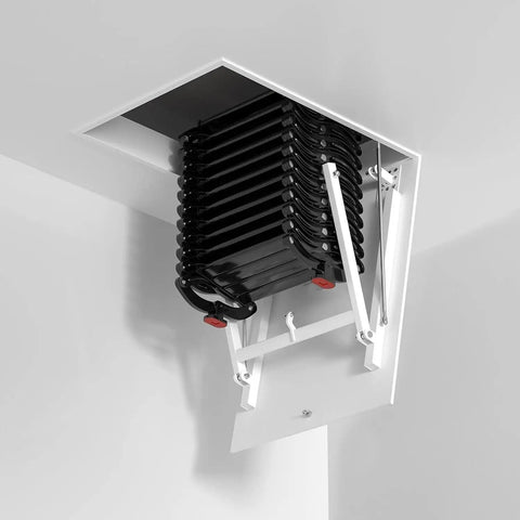 Heavy Duty Electric Attic Ladder With Smooth One Touch Remote Pull Down Telescopic Loft Staircase No Sweat Installation view from ceiling, black frame.
