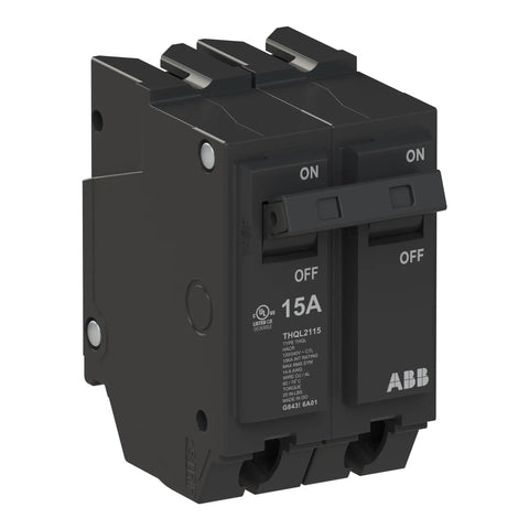 15 Amp Double Pole Circuit Breaker For 120/240 Volt Panels, Thermal Magnetic Plug On Load Center Breaker, 10 kAIC Interrupt Rating, Durable Heat Resistant Case, Ideal For Residential And Commercial Electrical Protection, front view