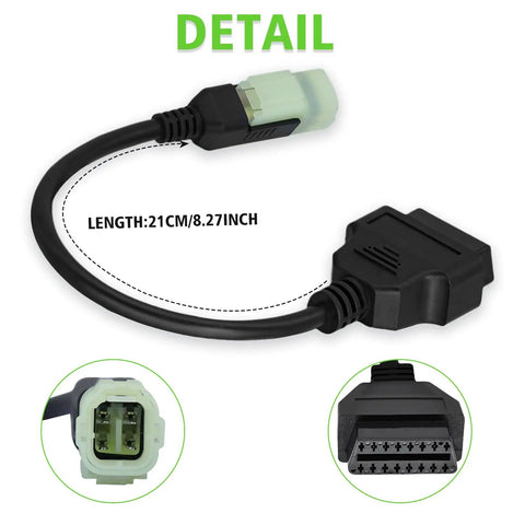 Kawasaki 4 Pin To 16 Pin OBD2 Diagnostic Cable For Motorcycles with connector detail and 21cm length measurement