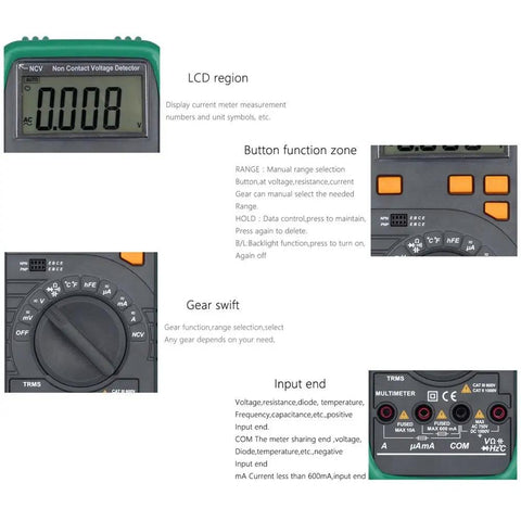 MS8268 Series Digital Multimeter Auto Manual Range showing LCD, button function, gear, and input end for AC/DC measurements.