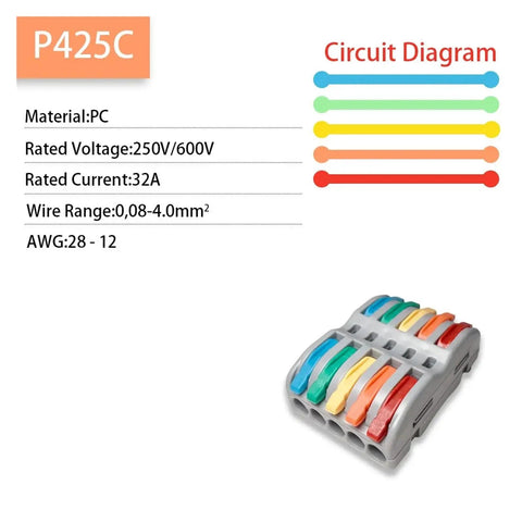 No Tool Wire Connectors For Home And Led Lights Super Easy Push In Block Splicing Solid Stranded 28 To 12 Awg Copper Terminals That Are Flame Retardant And Durable Perfect For Electrical Junction Box Projects. P425C 5-port PC connector