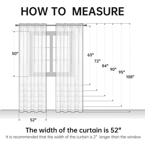 Diagram showing measurement guide for Orange Sheer Voile Window Curtain Panels 52 Inch Wide 84 Inch Long Rod Pocket 2 Panels