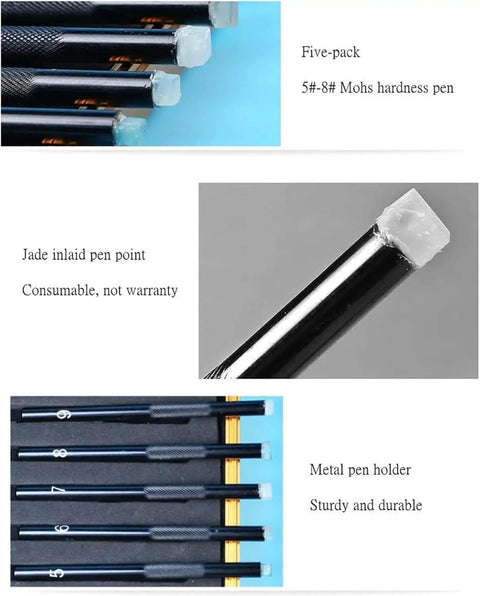Hella Solid Game Changing Five Piece Mohs Hardness Pen Kit For Testing Gems And Rocks Without Damaging Stones portable pen set with jade tips.