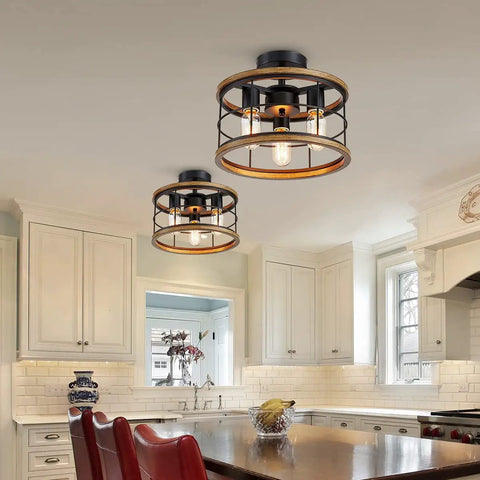 Vintage Farmhouse Semi Flush Mount Ceiling Light With Metal Cage in kitchen with white cabinets, black metal frame