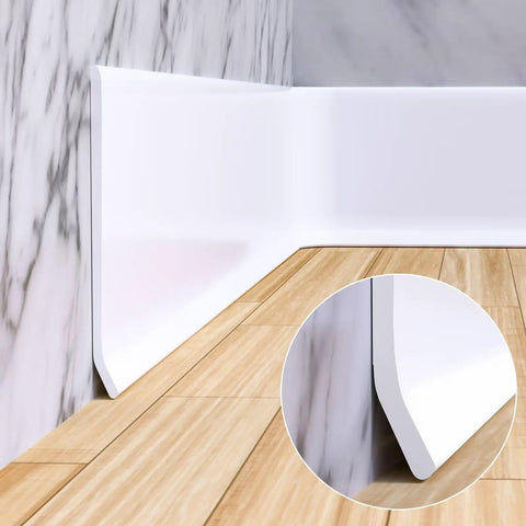 Flexible Baseboard Molding Trim 4 Inch Wide 20 Feet Long Peel And Stick Self Adhesive Vinyl Wall Base Cove Base Rubber Construction displayed on hardwood floor and marble wall.