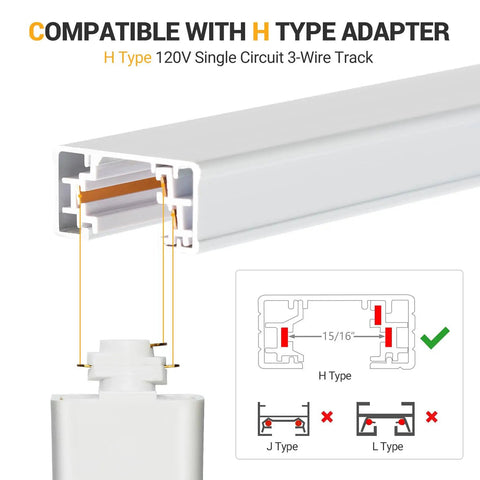 Diagram showing H type adapter compatible with All In One 26 Feet H Track Lighting Kit In White With Floating Canopy Connector